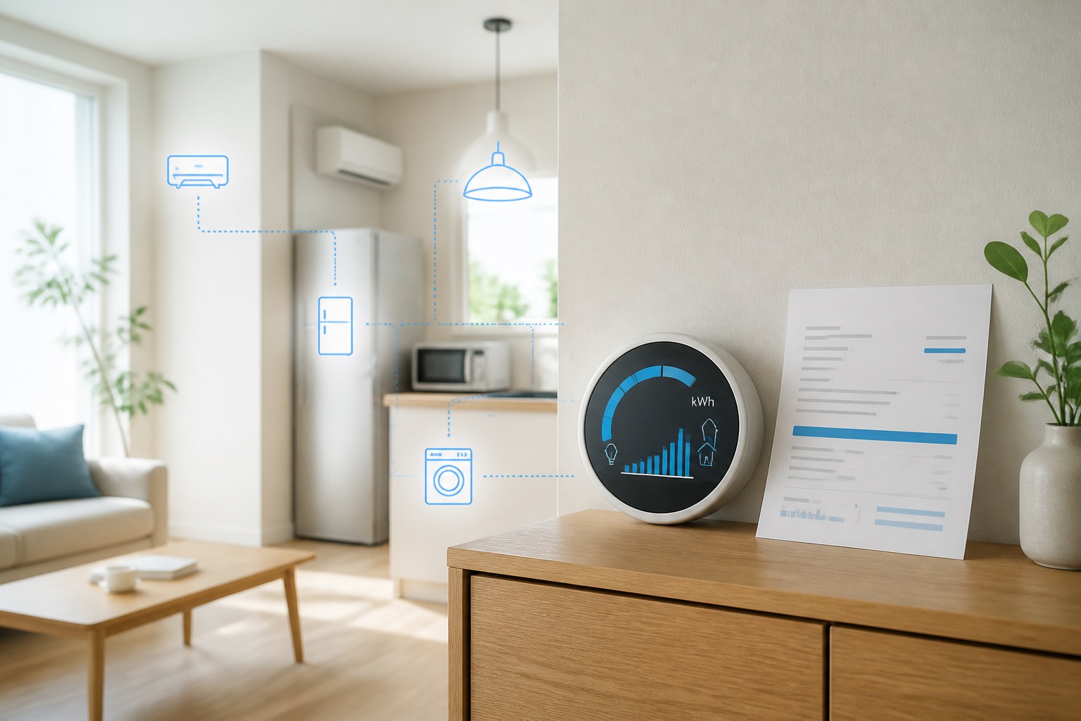 家庭内の電力使用機器と料金内訳を同じ画面で確認するイメージ
